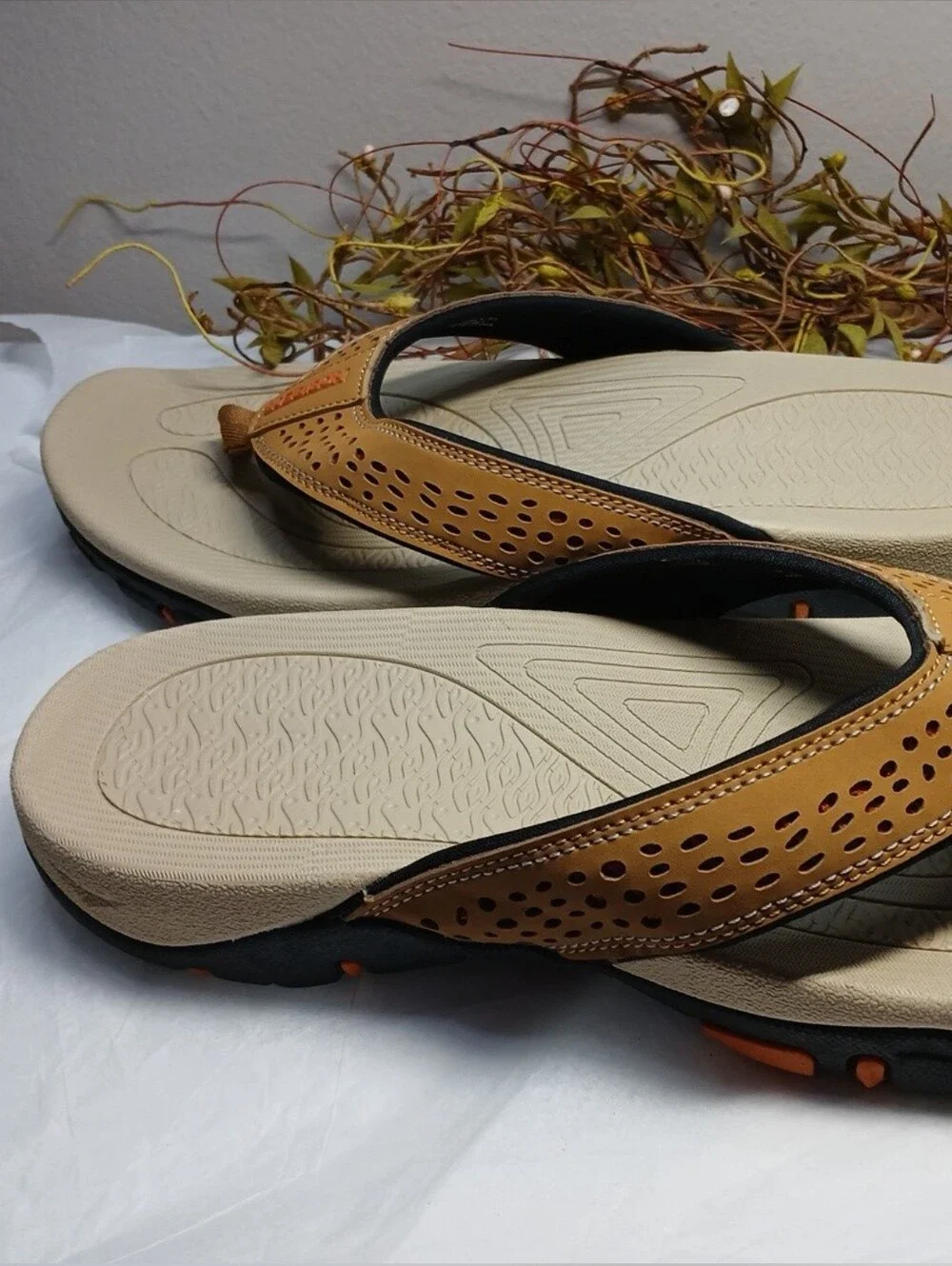 Hobibear Men's Beige/Tan Perforated Flip Flops - Comfort Trail Sandals